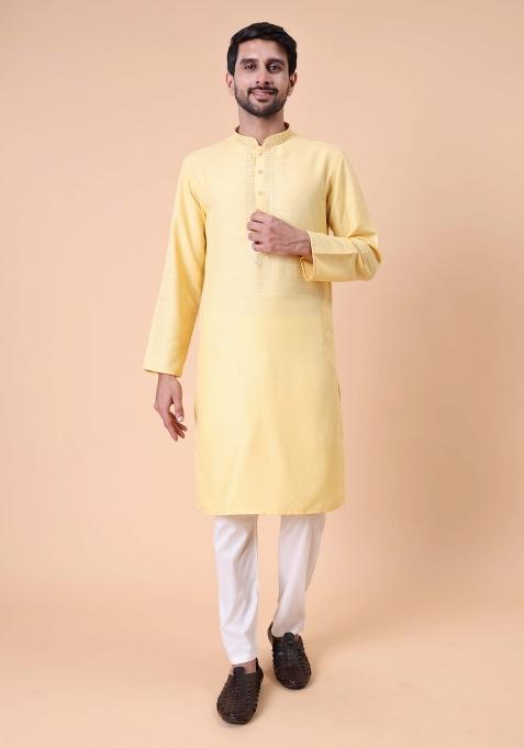 Yellow Embroidered Cotton Kurta For Men
