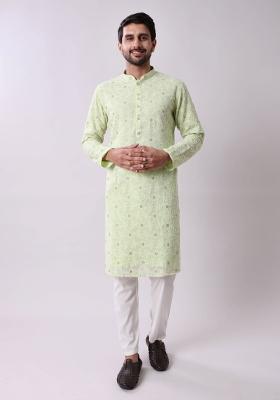 Green Embroidered Georgette Kurta For Men