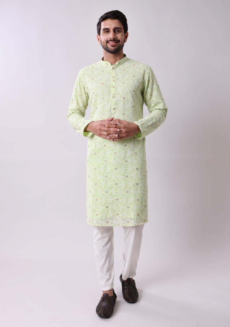 Green Embroidered Georgette Kurta For Men