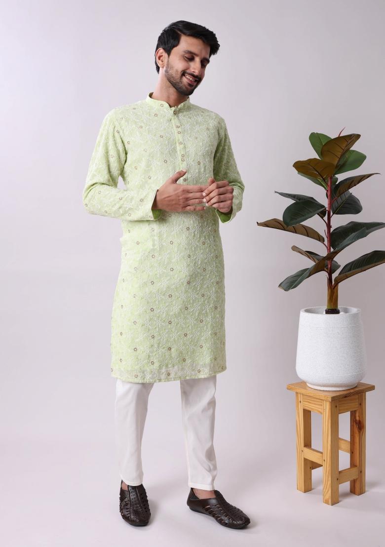 Green Embroidered Georgette Kurta For Men