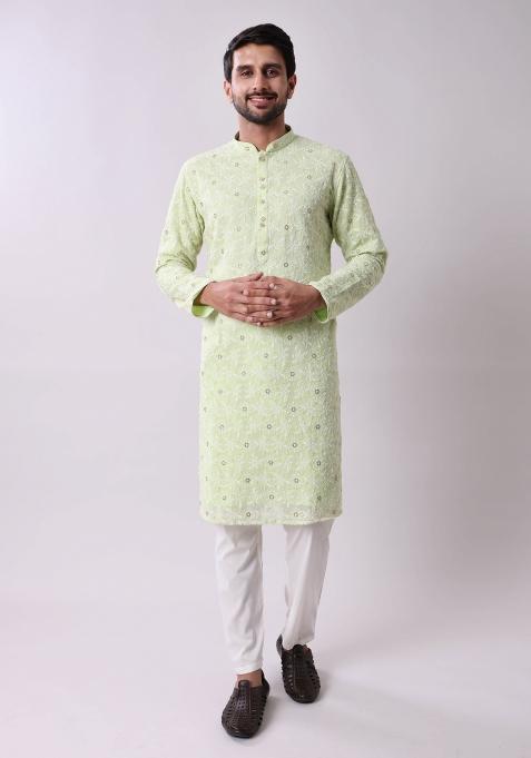 Green Embroidered Georgette Kurta For Men