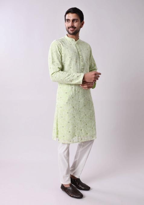 Green Embroidered Georgette Kurta For Men