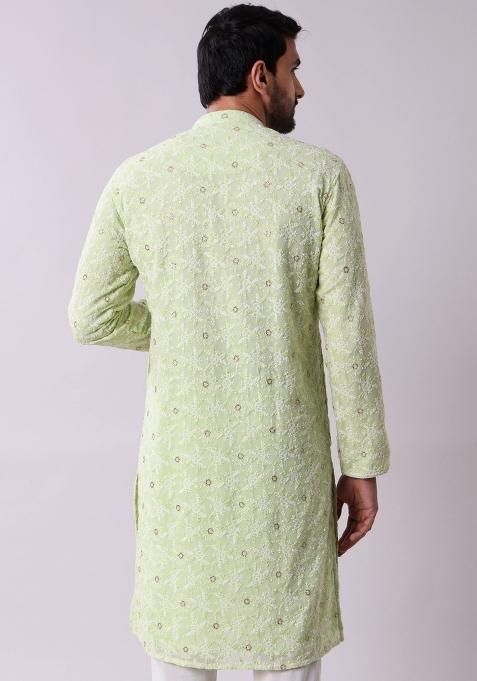 Green Embroidered Georgette Kurta For Men