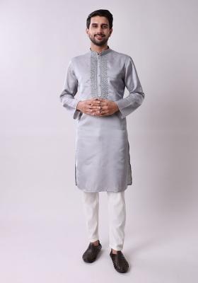 Grey Embroidered Silk Wool Kurta For Men