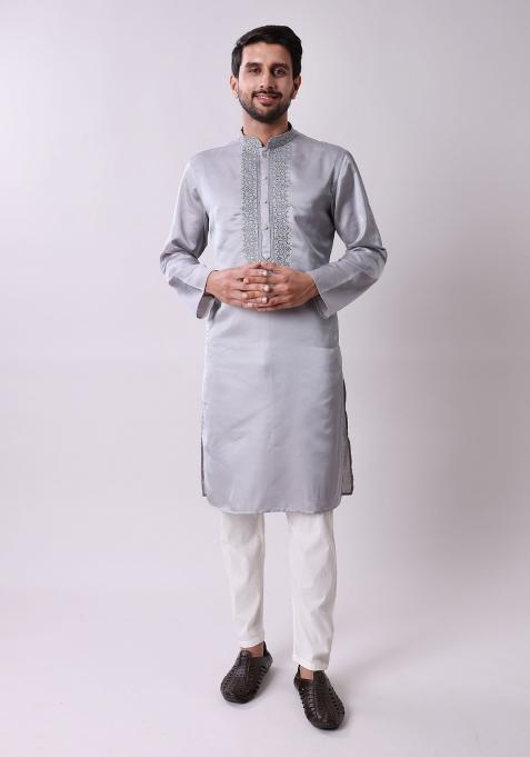 Grey Embroidered Silk Wool Kurta For Men