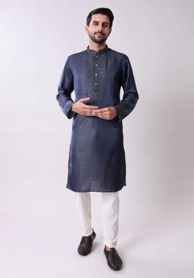 Navy Blue Embroidered Silk Wool Kurta For Men