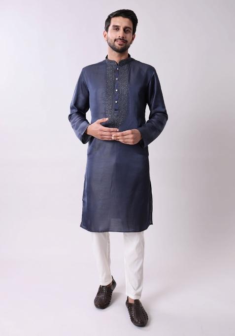 Navy Blue Embroidered Silk Wool Kurta For Men