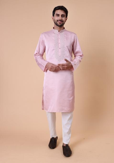 Peach Embroidered Silk Wool Kurta For Men