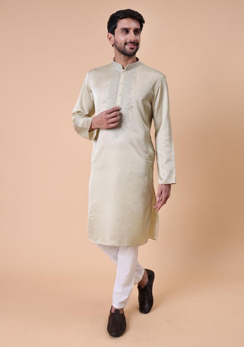 Green Embroidered Silk Wool Kurta For Men