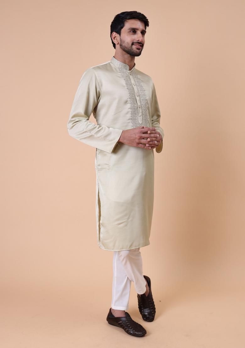 Green Embroidered Silk Wool Kurta For Men