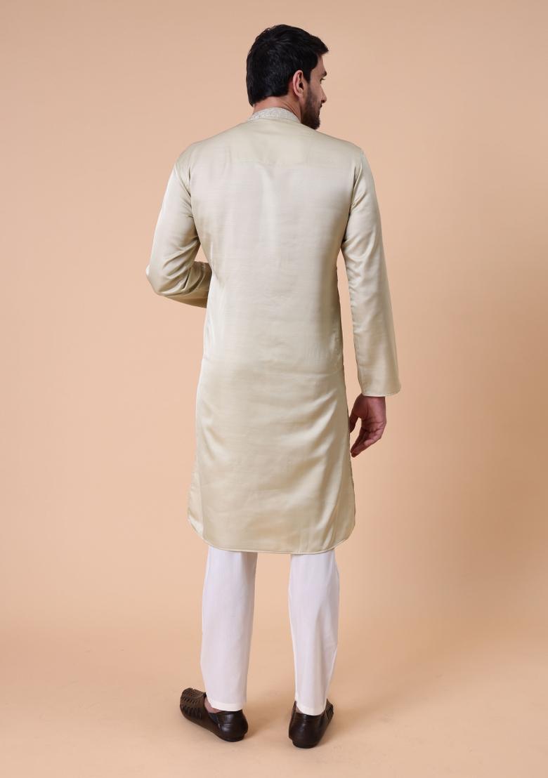 Green Embroidered Silk Wool Kurta For Men