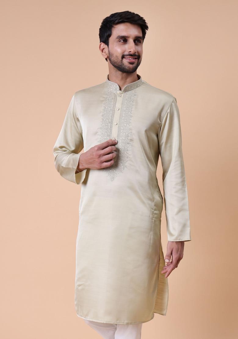 Green Embroidered Silk Wool Kurta For Men