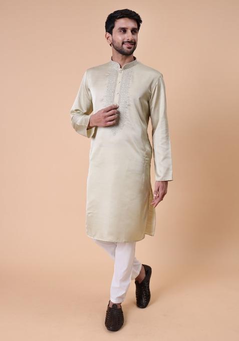 Green Embroidered Silk Wool Kurta For Men
