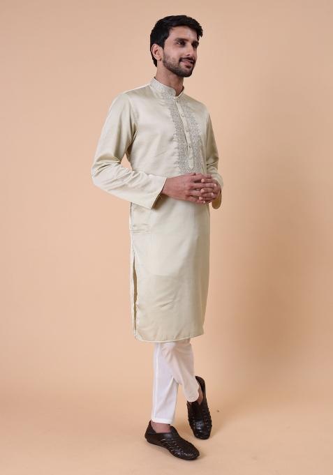 Green Embroidered Silk Wool Kurta For Men