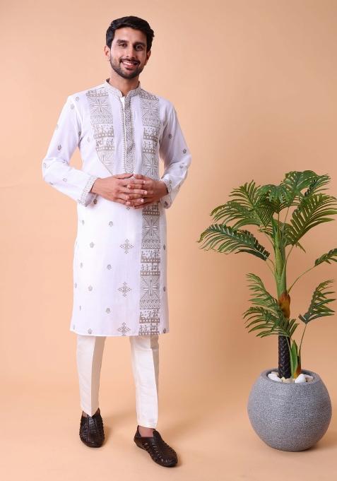 White Printed Cotton Kurta For Men