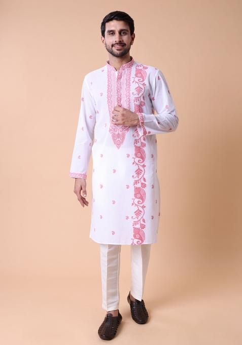 White Printed Cotton Kurta For Men