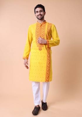 Yellow Printed Cotton Kurta For Men