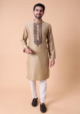 Beige Thread Work Cotton Kurta For Men