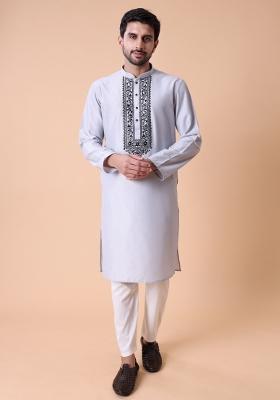 White Thread Work Cotton Kurta For Men