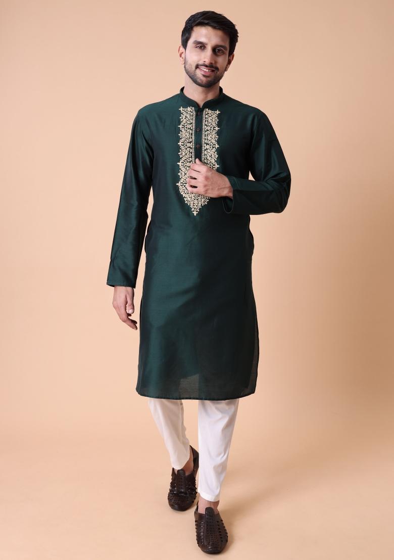 Green Thread Work Cotton Kurta For Men