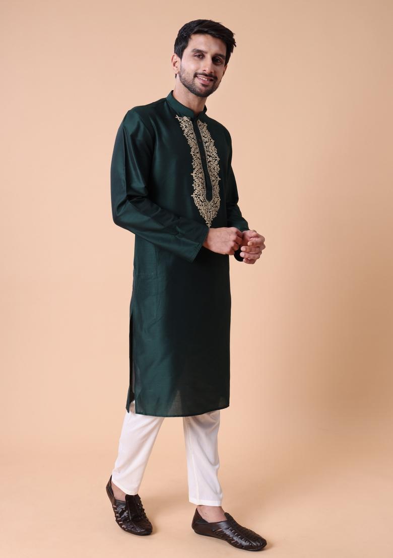 Green Thread Work Cotton Kurta For Men