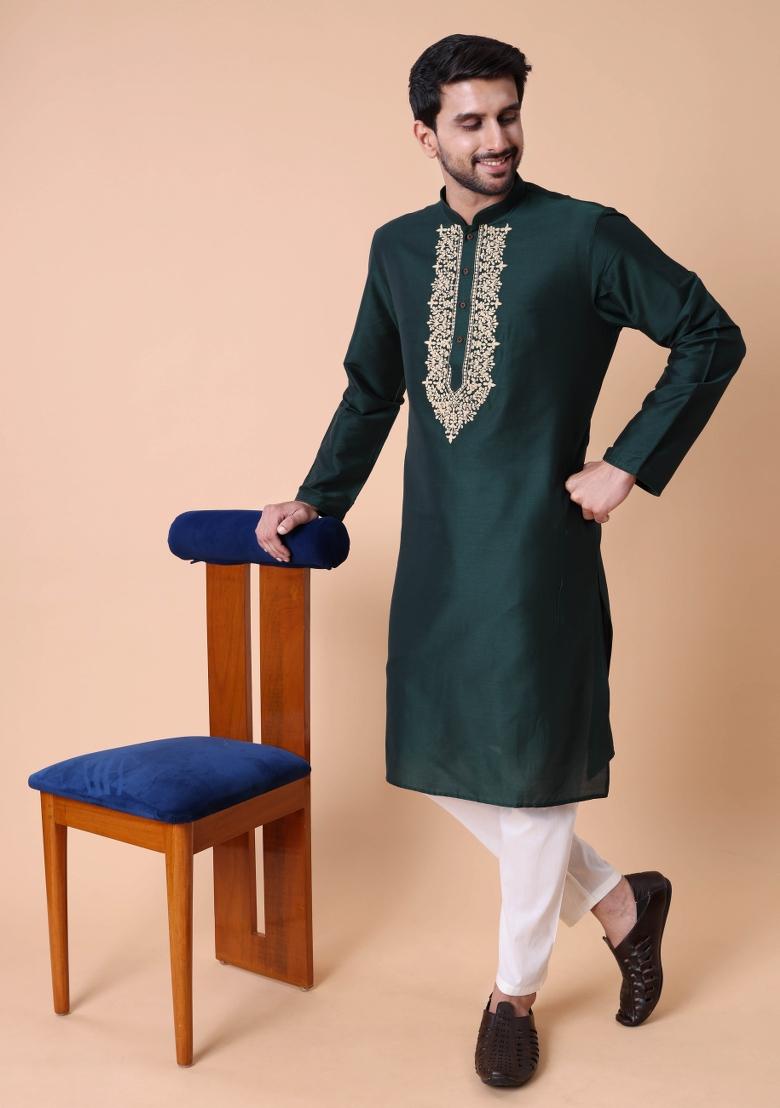 Green Thread Work Cotton Kurta For Men