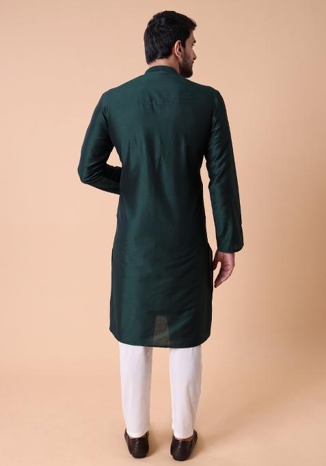Green Thread Work Cotton Kurta For Men