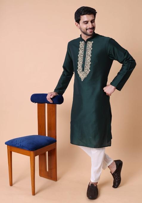 Green Thread Work Cotton Kurta For Men