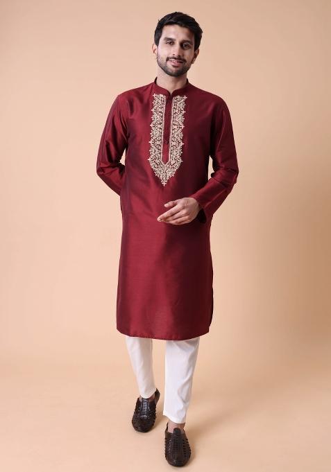 Maroon Thread Work Cotton Kurta For Men