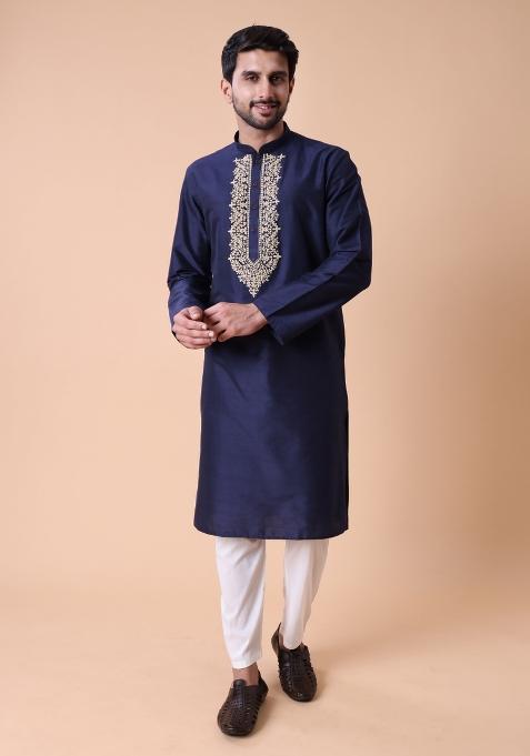 Navy Blue Thread Work Cotton Kurta For Men