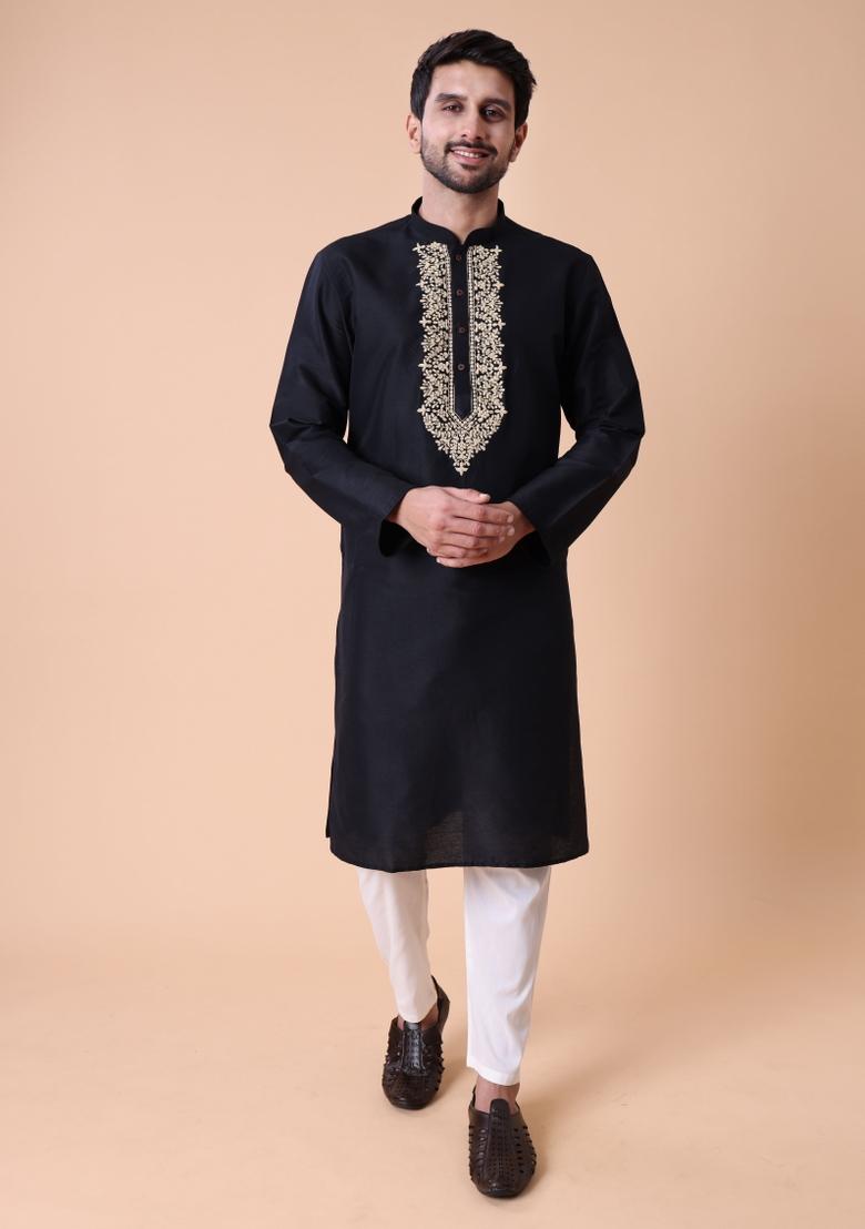Black Thread Work Cotton Kurta For Men