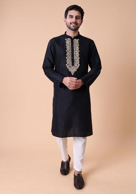 Black Thread Work Cotton Kurta For Men