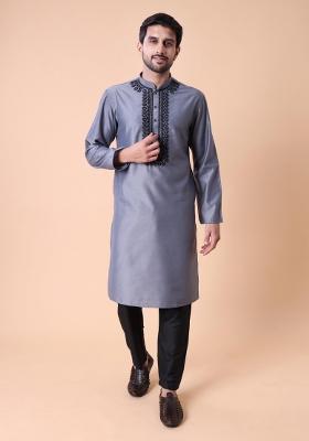 Grey Thread Work Cotton Kurta For Men