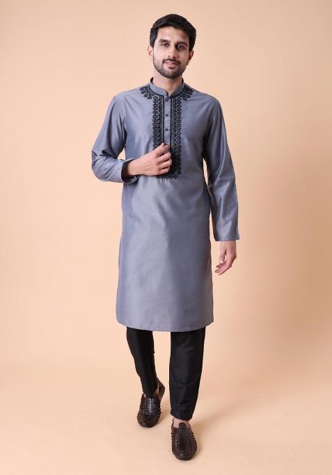 Grey Thread Work Cotton Kurta For Men