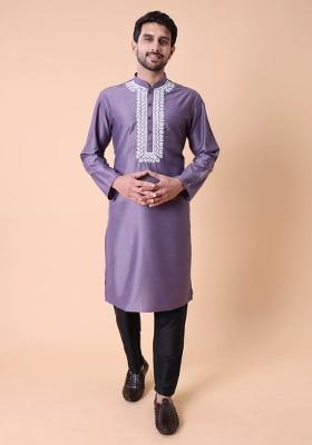 Purple Thread Work Cotton Kurta For Men