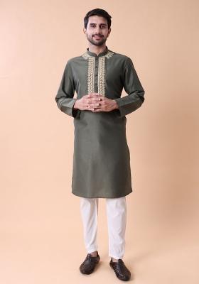 Green Thread Work Cotton Kurta For Men