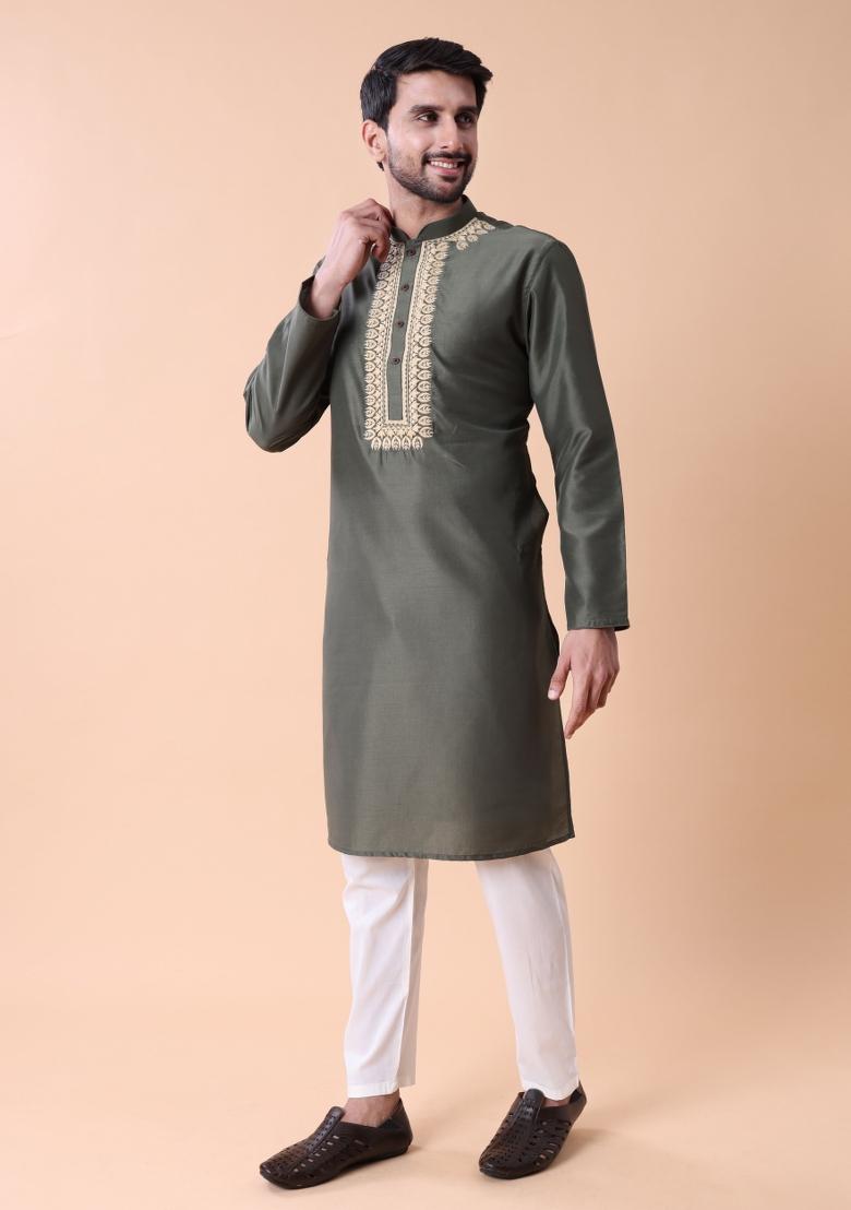 Green Thread Work Cotton Kurta For Men