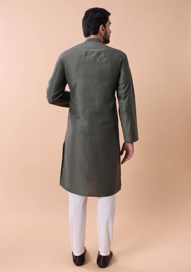 Green Thread Work Cotton Kurta For Men