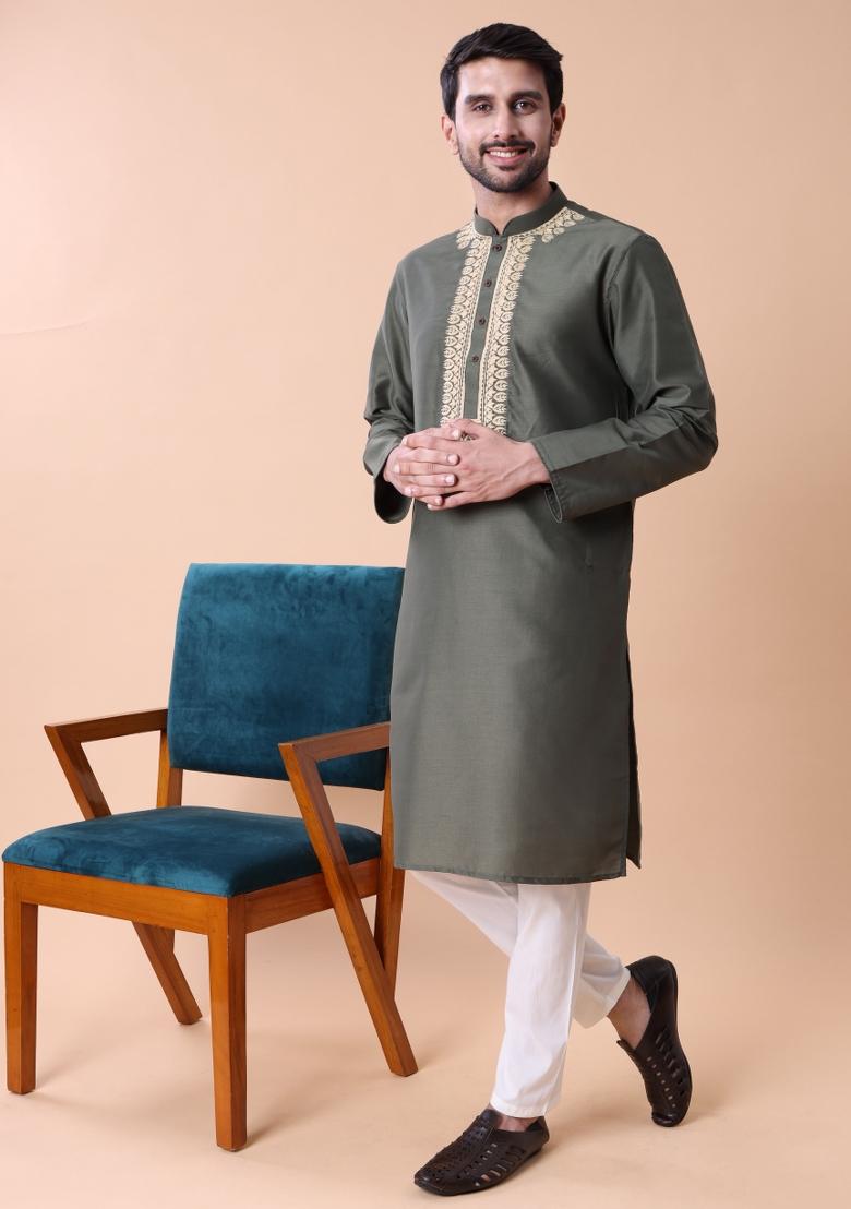 Green Thread Work Cotton Kurta For Men