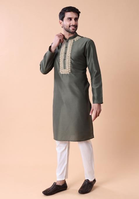 Green Thread Work Cotton Kurta For Men