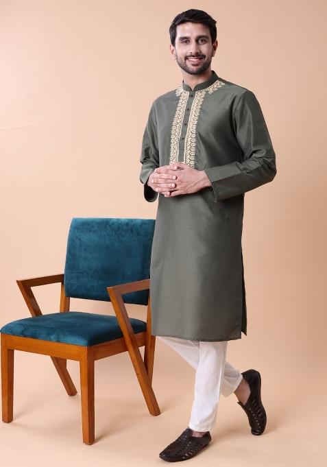 Green Thread Work Cotton Kurta For Men