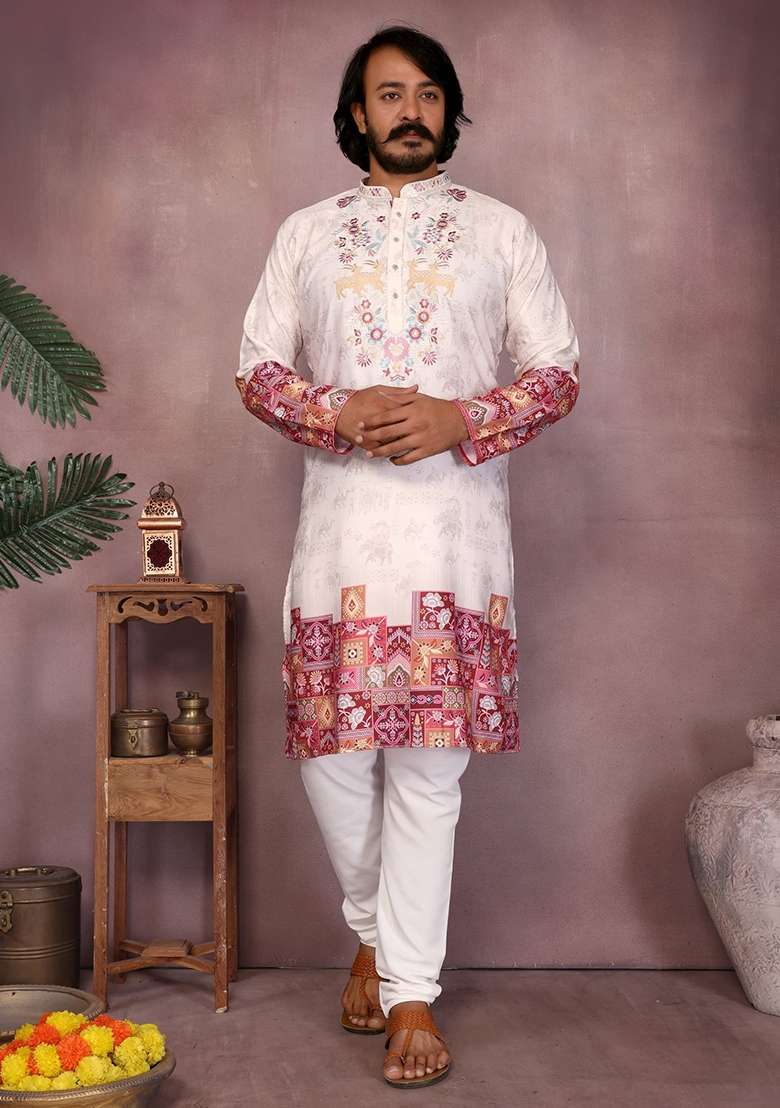 Off White Embroidered Cotton Kurta Set For Men - Indya