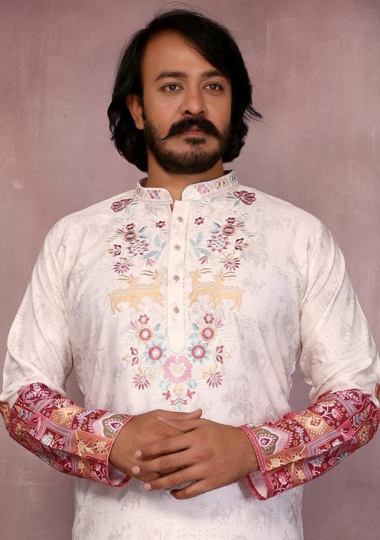 Off White Embroidered Cotton Kurta Set For Men - Indya
