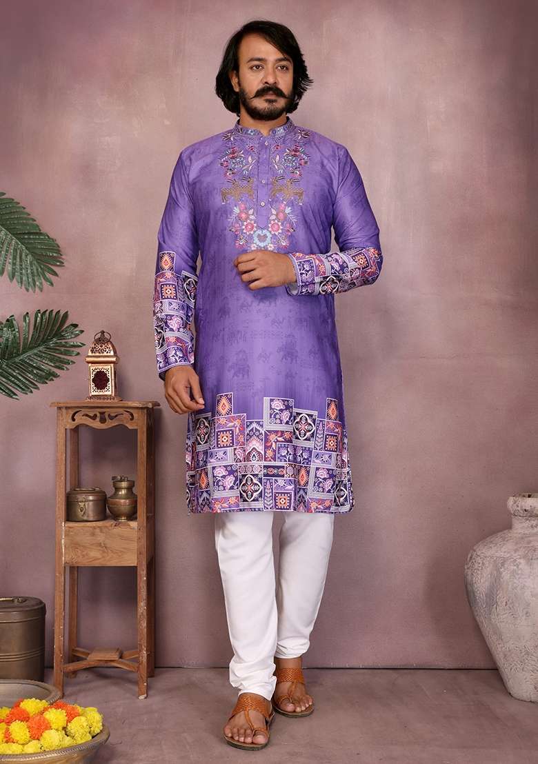 Purple Embroidered Cotton Kurta Set For Men - Indya