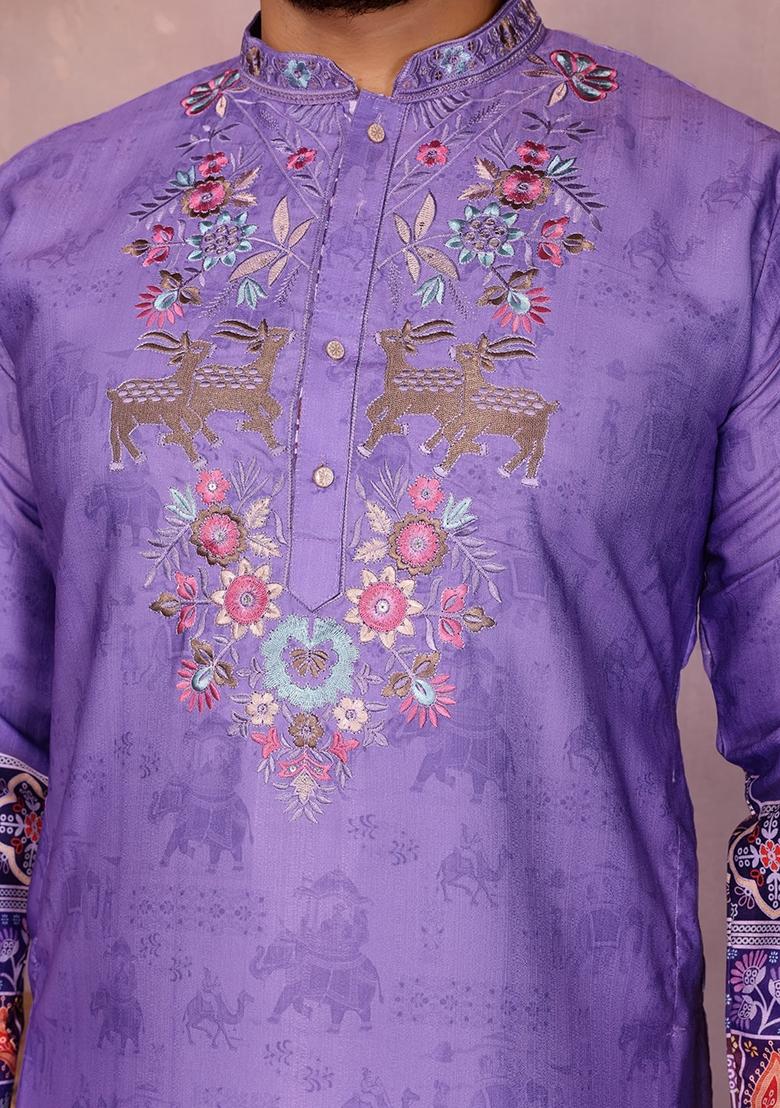 Purple Embroidered Cotton Kurta Set For Men - Indya
