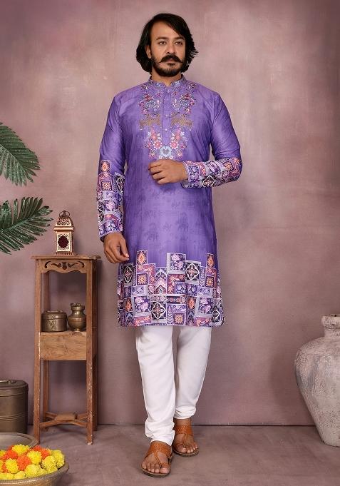 Purple Embroidered Cotton Kurta Set For Men