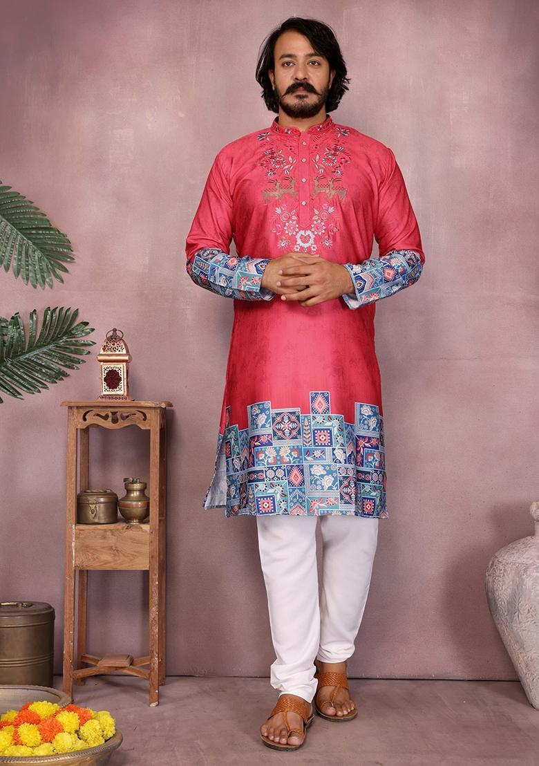 Red Embroidered Cotton Kurta Set For Men