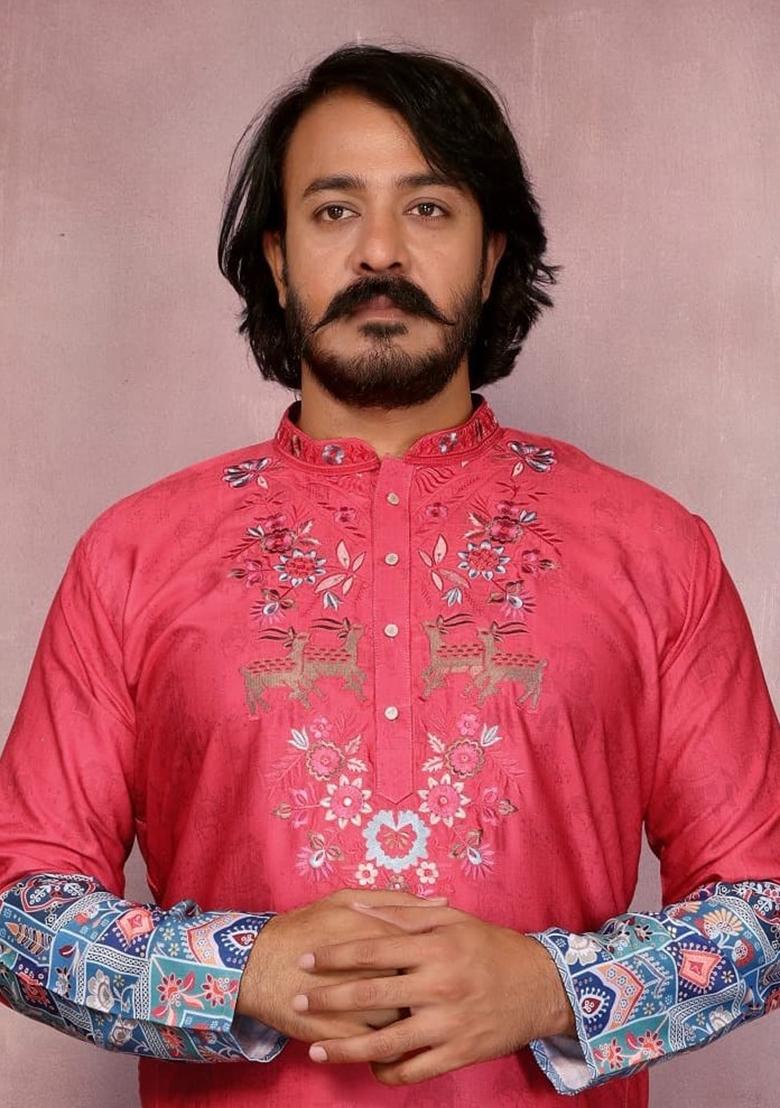 Red Embroidered Cotton Kurta Set For Men - Indya