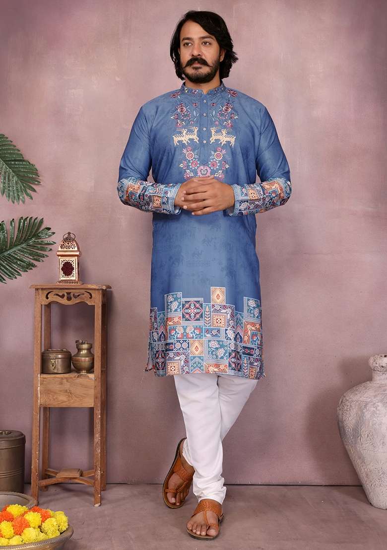 Sky Blue Embroidered Cotton Kurta Set For Men - Indya
