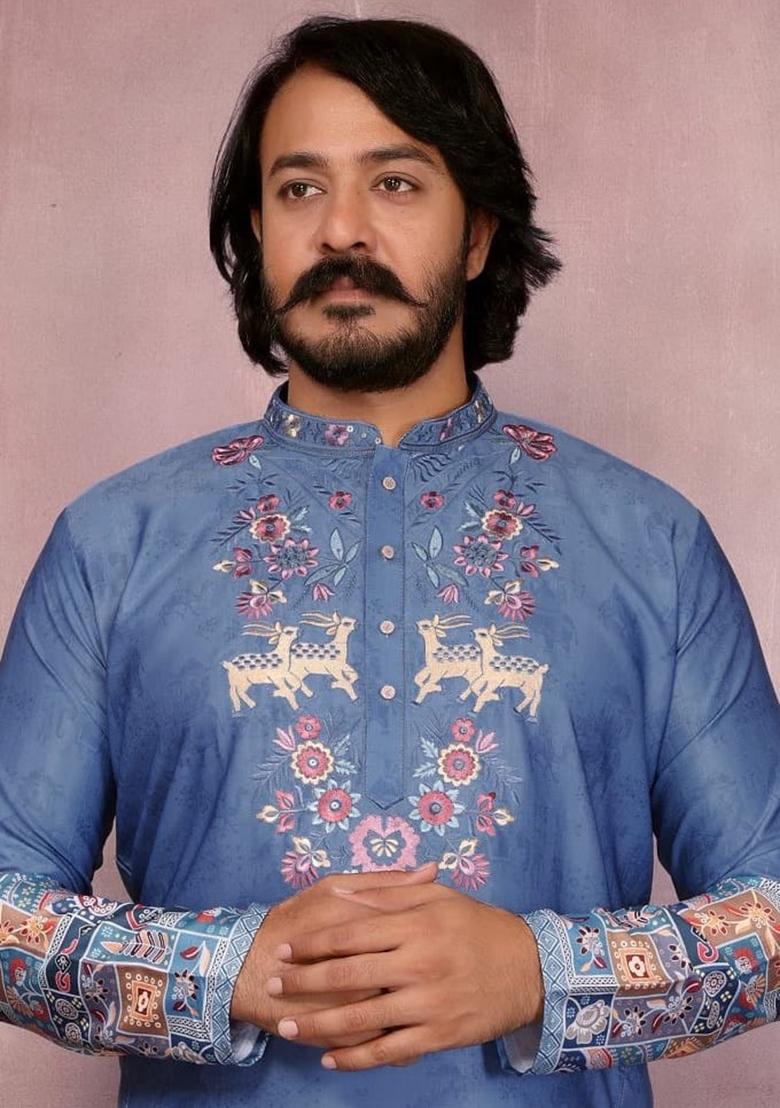 Sky Blue Embroidered Cotton Kurta Set For Men - Indya